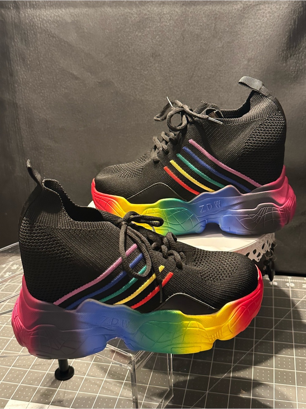 Anthony Wang HONEYDEW-01 Rainbow Platform Wedge Sneakers Black NWOT Size 8